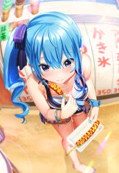 Rule 34 | 1girl, aiuabo, alternate breast size, armpit crease, bare legs, barefoot, bikini, bikini skirt, blue eyes, blue hair, blue nails, blurry, blurry background, blush, bow, breasts, closed mouth, collarbone, depth of field, eating, full body, hair between eyes, hair ribbon, highres, holding, hololive, hololive summer 2023 swimsuit, hoshimachi suisei, hot dog, lens flare, long hair, looking at viewer, medium breasts, nail polish, official alternate costume, outdoors, purple ribbon, ribbon, side ponytail, sidelocks, solo, standing, striped bikini, striped bow, striped clothes, swimsuit, toenail polish, toenails, toes, virtual youtuber