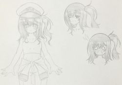 Rule 34 | 10s, 1girl, clothes around waist, expressions, female admiral (kancolle), greyscale, kantai collection, long hair, midriff, monochrome, navel, poorly drawn, shaded face, side ponytail, sports bra, sweater, sweater around waist, tears, traditional media, tyatyasaburou