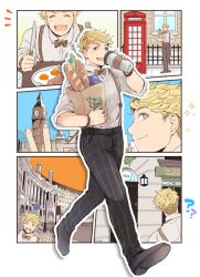 Rule 34 | 1boy, bag, baguette, bara, black pants, blonde hair, blush, bow, bowtie, bracelet, bread, city, closed eyes, coffee cup, collared shirt, cup, day, disposable cup, food, granblue fantasy, grey shirt, holding, holding cup, jewelry, large pectorals, looking at viewer, male focus, mentaishi, multiple views, muscular, muscular male, open mouth, outdoors, pants, paper bag, pectorals, plaid, plaid pants, road, shirt, shopping bag, short hair, sky, sleeves rolled up, smile, solo, street, suspenders, undercut, vane (granblue fantasy), vegetable, watch, wristwatch