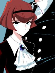 Rule 34 | android, ascot, black suit, blue background, bob cut, collared shirt, dress, formal, hair between eyes, hairband, looking at viewer, necktie, pale skin, r dorothy wayneright, red hair, roger smith, shirt, short hair, simple background, solo focus, suit, tachi, the big o, upper body, white ascot