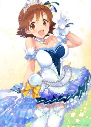 Rule 34 | 1girl, arm garter, bare shoulders, blue bow, blush, bow, bracelet, breasts, brown eyes, brown hair, cleavage, collarbone, dot nose, dress, dress bow, frilled dress, frills, gloves, gradient background, hair bow, hair ribbon, hand up, honda mio, idolmaster, idolmaster cinderella girls, idolmaster cinderella girls starlight stage, jewelry, layered skirt, looking at viewer, medium breasts, mizuki makoto, necklace, open hand, open mouth, pearl bracelet, pearl necklace, pleated skirt, ribbon, short hair, skirt, smile, solo, star (symbol), starry background, starry sky bright (idolmaster), strapless, strapless dress, thighhighs, tiara, twitter username, two-tone background, two-tone ribbon, watch, white dress, white gloves, white thighhighs, yellow bow, zettai ryouiki
