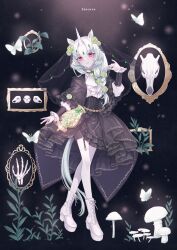 Rule 34 | 1girl, akikawa higurashi, animal ears, animal skull, ascot, black background, black bow, black capelet, black shorts, black skirt, black veil, blush, boots, bow, braid, brooch, bug, butterfly, capelet, chain, cross-laced footwear, dress, flower, flower braid, frilled capelet, frilled dress, frilled shirt collar, frilled sleeves, frills, full body, garter straps, gem, green flower, green gemstone, green rose, hair flower, hair ornament, hair over shoulder, hand up, head chain, high-low skirt, high-waist skirt, highres, horns, horse ears, horse girl, horse tail, insect, jewelry, lace-up boots, lantern, long hair, long sleeves, looking at viewer, mushroom, original, parted bangs, parted lips, picture frame, pink eyes, plant, platform footwear, puffy long sleeves, puffy sleeves, rose, shirt, shorts, shorts under dress, single braid, single horn, skeletal hand, skirt, solo, standing, tail, thighhighs, thorns, unicorn girl, unicorn horn, veil, white ascot, white butterfly, white footwear, white hair, white shirt, white thighhighs