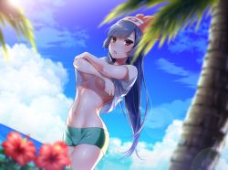 Rule 34 | 1girl, :o, armpit peek, black hair, breasts, cloud, cosplay, creatures (company), day, flower, game freak, hat, hizuki akira, lens flare, long hair, looking at viewer, medium breasts, nintendo, open mouth, palm tree, pokemon, pokemon rgby, pokemon sm, red eyes, sabrina (pokemon), selene (pokemon), selene (pokemon) (cosplay), shirt, shorts, sky, solo, tree, underboob, undressing, water, white shirt