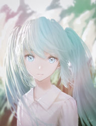 Rule 34 | 1girl, aqua eyes, aqua hair, blurry, blurry background, commentary, english text, expressionless, hatsune miku, highres, lips, long hair, looking at viewer, ojay tkym, outdoors, parted lips, shirt, sidelighting, signature, solo, twintails, upper body, vocaloid, white shirt