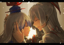 Rule 34 | 2girls, bow, face-to-face, female focus, forehead-to-forehead, fujiwara no mokou, hair bow, hair ribbon, hat, heads together, holysnow, kamishirasawa keine, letterboxed, light smile, long hair, multiple girls, profile, ribbon, silver hair, touhou