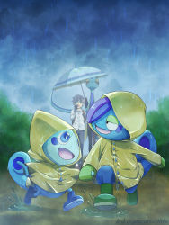 Rule 34 | 1boy, :d, black gloves, black pants, blue eyes, buttons, clothed pokemon, cloud, cloudy sky, commentary request, creatures (company), drizzile, evolutionary line, game freak, gen 8 pokemon, gloves, highres, holding, hand grab, holding strap, holding umbrella, inteleon, male focus, marutto inte, nintendo, open mouth, outdoors, pants, pokemon, pokemon (creature), puddle, rain, raincoat, shirt, sky, smile, sobble, splashing, standing, tongue, umbrella, yellow raincoat
