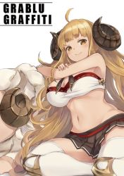 Rule 34 | 1girl, ahoge, anila (granblue fantasy), black skirt, blonde hair, blunt bangs, breasts, cleavage, closed mouth, cradle (2849), draph, granblue fantasy, highres, horns, large breasts, long hair, looking at viewer, midriff, navel, pleated skirt, sheep, sheep horns, short eyebrows, simple background, sitting, skirt, smile, solo, thighhighs, white background, yellow eyes, zettai ryouiki