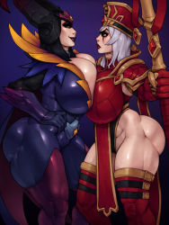 Rule 34 | 2girls, alexstrasza, alternate costume, angry, ass, bodysuit, breast press, breasts, dress, eyeshadow, from side, gloves, hand on own hip, hat, heroes of the storm, horns, huge ass, huge breasts, lips, lipstick, makeup, multiple girls, pelvic curtain, rampage (leedash2), sally whitemane, silver hair, skin tight, smile, staff, symmetrical docking, thick thighs, thighs