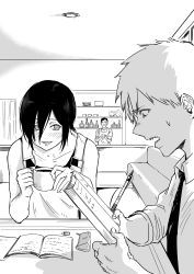 Rule 34 | 1girl, 2boys, absurdres, apron, bare shoulders, black hair, black shirt, book, bottle, chainsaw man, coffee, coffee cup, collarbone, collared shirt, cup, denji (chainsaw man), disposable cup, egasukidesu1, fangs, greyscale, hair between eyes, highres, holding, holding book, holding cup, holding pen, looking at another, medium hair, monochrome, multiple boys, necktie, neckwear request, open mouth, pen, reze (chainsaw man), sharp teeth, shirt, short hair, sitting, sleeves rolled up, sweat, sweatdrop, table, teeth