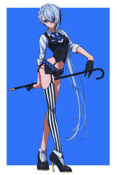 Rule 34 | 1girl, absurdres, arm behind back, asymmetrical legwear, belt, between legs, blue eyes, blue hair, braid, breasts, cane, closed mouth, collared shirt, expressionless, french braid, full body, garter belt, hair between eyes, hair ornament, high heels, highres, itou (very ito), long hair, looking away, midriff, miniskirt, navel, necktie, original, ponytail, shirt, single thighhigh, skirt, sleeves rolled up, small breasts, solo, standing, striped clothes, striped thighhighs, thighhighs, two-tone background, vertical-striped clothes, vertical-striped thighhighs, very long hair, vest