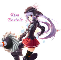 Rule 34 | 10s, 1girl, armor, butter-t, highres, lisa eostre, long hair, looking at viewer, purple hair, red eyes, simple background, skirt, solo, very long hair, walkure romanze, weapon, white background