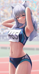 1girl alternate_costume animal_ear_fluff animal_ears armpits arms_behind_head arms_up bare_arms blue_archive blue_buruma blue_eyes blue_sports_bra blurry blurry_background blush breasts buruma cowboy_shot crop_top cross_hair_ornament drying drying_hair grey_hair hair_ornament halo highres looking_at_viewer medium_breasts medium_hair mismatched_pupils multicolored_clothes navel number_pun outdoors parted_lips race_bib revision shiroko_(blue_archive) sidelocks silver_bullet_(ecc12_8) solo sports_bra sportswear stomach sweat thighs towel track_and_field wet wolf_ears