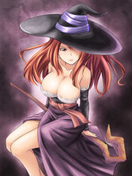 Rule 34 | 1girl, bad id, bare shoulders, breasts, cleavage, dragon&#039;s crown, dress, hat, huge breasts, large breasts, long hair, masakichi (crossroad), red hair, side slit, solo, sorceress (dragon&#039;s crown), staff, strapless, strapless dress, vanillaware, witch hat