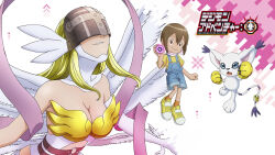 Rule 34 | 2girls, angewomon, animal ears, breasts, cat ears, crests (digimon), digimon, digimon (creature), digimon adventure: (2020), english text, highres, japanese text, large breasts, logo, multiple girls, official art, smile, tailmon, toei animation, wide hips, yagami hikari