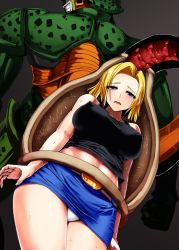 Rule 34 | 1boy, 1girl, android 18, blonde hair, blue eyes, blush, breasts, cell (dragon ball), cleavage, denim, denim skirt, dragon ball, dragonball z, covered erect nipples, image sample, ishimiso (ishimura), large breasts, open mouth, panties, pixiv sample, shirt, short hair, skirt, slime, sweat, tail, tail vore, underwear, vore, x-ray