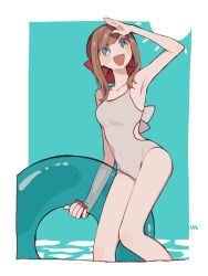 Rule 34 | 1girl, blue background, blue eyes, blush stickers, brown hair, clothing cutout, hand up, highres, holding, holding swim ring, innertube, long hair, looking up, maco22, nail polish, one-piece swimsuit, open mouth, original, shading eyes, side cutout, smile, solo, swim ring, swimsuit