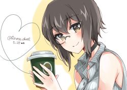 Rule 34 | 1girl, black choker, black eyes, black hair, bob cut, bow choker, casual, choker, closed mouth, coffee cup, collared shirt, commentary, cup, dated, disposable cup, girls und panzer, grey-framed eyewear, grey shorts, heart, hinase (twoxout), holding, holding cup, kawashima momo, leaning forward, light blush, looking at viewer, monocle, semi-rimless eyewear, shirt, short hair, shorts, sleeveless, sleeveless shirt, smile, solo, striped clothes, striped shirt, twitter username, under-rim eyewear, vertical-striped clothes, vertical-striped shirt, wing collar