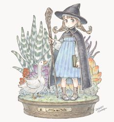 Rule 34 | 1girl, 2016, artist name, bad id, bad pixiv id, bird, black cape, black hat, blue dress, blue eyes, book, braid, brown footwear, cape, dated, dress, fantasy, goose, hat, holding, holding book, isakawa megumi, original, plant, shoes, staff, twin braids, witch, witch hat