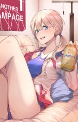 Rule 34 | 1girl, :d, aged up, aqua eyes, asahi beer, asahi breweries, ass, bare legs, beer can, blue panties, blue sports bra, can, couch, cushion, drink can, earrings, grey hair, hanahashi bagara, highres, holding, holding can, idolmaster, idolmaster shiny colors, indoors, jewelry, knees up, lace, lace-trimmed panties, lace trim, lying, no pants, on back, on couch, open mouth, panties, serizawa asahi, side ponytail, smile, solo, sports bra, stud earrings, underwear