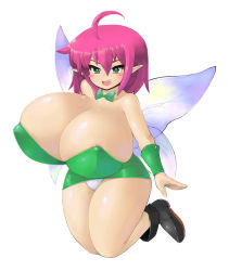 Rule 34 | 1girl, ahoge, areola slip, bare shoulders, breasts, copyright request, fairy, fairy wings, female focus, gigantic breasts, green eyes, highres, open mouth, oukadan, panties, pantyshot, pointy ears, purple hair, ribbon, shoes, simple background, solo, thighs, underwear, upskirt, white background, white panties, wings