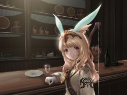 Rule 34 | 1girl, alcohol, animal ears, arrow (projectile), warrior of light (ff14), barrel, belt, blonde hair, bottle, brown eyes, circlet, counter, cup, facial mark, final fantasy, final fantasy xiv, glint, gloves, highres, indoors, jidai no konoe, long hair, looking at viewer, miqo&#039;te, plate, quiver, solo, upper body, white gloves