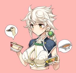 Rule 34 | 10s, 1girl, asymmetrical hair, blush, braid, breasts, cleavage cutout, clothing cutout, cloud print, crop top, cup ramen, donbee (food), hair ornament, instant ramen, instant soba, instant udon, kantai collection, large breasts, long hair, looking down, serious, short sleeves, silver hair, single braid, solo, spoken animal, spoken object, takayaki, tray, unryuu (kancolle), upper body, very long hair, yellow eyes