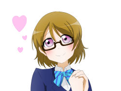 Rule 34 | 1girl, aqua bow, artist name, artist request, blue bow, blue cardigan, blue jacket, blush, bow, bowtie, breasts, brown hair, cardigan, collared shirt, female focus, fingers together, glasses, hair between eyes, heart, heart (symbol), highres, jacket, koizumi hanayo, long sleeves, love live!, love live! school idol project, nail polish, otonokizaka school uniform, own hands together, pink nails, pink nails, purple eyes, school uniform, semi-rimless eyewear, shirt, short hair, small breasts, solo, striped, striped bow, upper body, white background, white shirt, worried