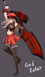 Rule 34 | 10s, 1girl, alisa ilinichina amiella, arm up, armpits, black footwear, black pantyhose, blue eyes, boots, breasts, cabbie hat, elbow gloves, female focus, fingerless gloves, gloves, god eater, hat, huge weapon, large breasts, long hair, navel, pantyhose, plaid, silver hair, skirt, solo, suspender skirt, suspenders, thigh boots, thighhighs, underboob, weapon