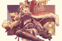 Rule 34 | 1girl, :d, arigatoner, black shorts, boots, breasts, bullpup, christmas, coat, commentary request, double bun, eyewear on head, fur-trimmed coat, fur trim, garland (decoration), girls&#039; frontline, gloves, gun, hair between eyes, hair bun, hair ornament, large breasts, leg up, looking at viewer, midriff, official alternate costume, open mouth, p90, p90 (girls&#039; frontline), p90 (scarlet turbo) (girls&#039; frontline), personal defense weapon, red coat, red eyes, shorts, smile, solo, star (symbol), star hair ornament, submachine gun, sunglasses, thigh boots, weapon