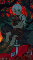 Rule 34 | 1boy, 1girl, animal, animal hug, bad id, bad twitter id, bird, black eyes, blood, blood on clothes, blood on hands, brown footwear, brown hair, brown shorts, campfire, cat, cloak, dagger, fingernails, fire, fire, glowing, hair between eyes, highres, holding, holding animal, hood, hood up, hooded cloak, hug, knife, log, long hair, looking at viewer, nature, original, outdoors, owl, parted lips, planted, red cloak, red eyes, red pupils, shida 7, shorts, sitting, tree, weapon, white hair