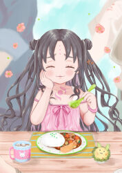 Rule 34 | 1girl, absurdres, babydoll, black hair, blush, chest tattoo, child, closed eyes, closed mouth, cup, double bun, facial mark, facing viewer, fate/grand order, fate (series), flower, food, forehead mark, forehead tattoo, hair bun, hand on own cheek, hand on own face, hands up, highres, holding, holding spoon, long hair, mug, multicolored hair, parted bangs, penguin (mt-gxxx), pink babydoll, pink flower, pink hair, pink ribbon, ribbon, sessyoin kiara, sessyoin kiara (lily), solo, spoon, streaked hair, table, tattoo, two-tone hair, wooden table