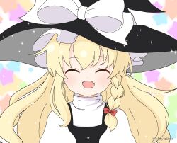 Rule 34 | 1girl, :d, ^ ^, black hat, black vest, blonde hair, bow, braid, closed eyes, commentary request, facing viewer, hair bow, hat, hat bow, kirisame marisa, long hair, mitya, open mouth, red bow, shirt, simple background, smile, solo, star (symbol), starry background, touhou, turtleneck, twitter username, upper body, vest, white background, white bow, white shirt, witch hat