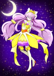 Rule 34 | 1girl, alternate hairstyle, boots, cosplay, crossover, cure moonlight, cure twinkle, cure twinkle (cosplay), dress, earrings, eyelashes, go! princess precure, gradient background, hair ornament, hair ribbon, happy, heartcatch precure!, high heel boots, high heels, jewelry, long hair, looking at viewer, magical girl, moon, precure, purple eyes, purple hair, ribbon, smile, solo, standing, star (symbol), star earrings, thigh boots, thighhighs, tsukikage oyama, tsukikage yuri, twintails, very long hair, yellow dress