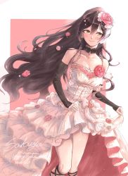 Rule 34 | 1girl, absurdres, bare shoulders, black hair, blush, breasts, choker, cleavage, clothes lift, cross-laced footwear, dress, earrings, elbow sleeve, flower, hair between eyes, hair flower, hair ornament, high ponytail, highres, idolmaster, idolmaster shiny colors, jewelry, large breasts, long dress, long hair, necklace, omotimottimotti, pink background, shirase sakuya, skirt, skirt lift, smile, strapless, strapless dress, thighs, white dress, yellow eyes