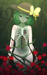 Rule 34 | 1girl, black eyes, black hat, blank eyes, bleeding, blood, bloody tears, bow, bowler hat, breasts, collarbone, colored eyelashes, cowboy shot, crying, flower, green hair, hair between eyes, hat, hat bow, heart, heart of string, highres, komeiji koishi, looking down, nude, petals, plant, qys3, red flower, red rose, revision, ribs, rose, rose petals, short hair, small breasts, solo, spine, thigh gap, thorns, touhou, vines, yellow bow