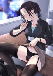 Rule 34 | 1girl, black hair, black panties, black shirt, black thighhighs, breasts, brown skirt, cameltoe, chair, clothes lift, desk, garter straps, glasses, green-framed eyewear, grey eyes, highres, id card, kyuuso inukami, lanyard, lifting own clothes, office chair, office lady, on desk, original, panties, ponytail, shirt, sitting, on desk, skirt, skirt lift, small breasts, solo, spread legs, swivel chair, thighhighs, underwear, watch, wristwatch