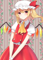 Rule 34 | 1girl, akagi kurage, ascot, blonde hair, blush, center frills, closed mouth, collared shirt, cowboy shot, flandre scarlet, frills, hat, hat ribbon, highres, looking at viewer, mob cap, one side up, pointy ears, puffy short sleeves, puffy sleeves, red eyes, red ribbon, red skirt, red vest, ribbon, shirt, short hair, short sleeves, skirt, solo, touhou, vest, white hat, white shirt, wings, yellow ascot