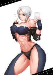 Rule 34 | 10s, 1girl, 2015, abs, ah-lyong lee, ahoge, angel (kof), bad id, bare shoulders, black bra, black gloves, black jacket, black panties, blue bra, blue eyes, blue gloves, blush, bra, breasts, chaps, cleavage, clothes lift, covered erect nipples, cropped jacket, dated, female focus, fingerless gloves, gloves, hair over one eye, heart, highres, holding, index finger raised, jacket, jacket lift, large breasts, lifted by self, navel, panties, selfie, short hair, simple background, sleeves rolled up, solo, standing, taking picture, the king of fighters, toned, underboob, underwear, white background, white hair