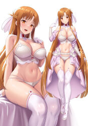 Rule 34 | 1girl, :d, armor, asuna (sao), asuna (stacia), bikini, bikini armor, blunt ends, braid, breasts, brown eyes, brown hair, cleavage, commentary request, detached collar, french braid, gloves, hair ribbon, half gloves, highres, kawase seiki, large breasts, long hair, looking at viewer, multiple views, navel, open mouth, ribbon, sitting, smile, sweat, swimsuit, sword art online, sword art online: alicization, thighhighs, very long hair, white background, white bikini, white footwear, white gloves, white ribbon, white thighhighs