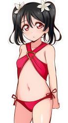 Rule 34 | 10s, 1girl, :o, arms at sides, bare arms, bare shoulders, bikini, black hair, blush, collarbone, cowboy shot, criss-cross halter, flat chest, flower, hair flower, hair ornament, halterneck, looking at viewer, love live!, love live! school idol project, navel, parted lips, pink bikini, pink ribbon, red bikini, red eyes, ribbon, shiny skin, short hair, short twintails, side-tie bikini bottom, simple background, solo, standing, stomach, swimsuit, tareme, twintails, wewe, white background, white flower, yazawa nico