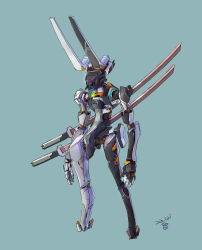 Rule 34 | absurdres, blue background, dated, highres, katana, looking ahead, mecha, moi moi7, no humans, open hands, original, robot, science fiction, sheath, sheathed, signature, standing, sword, weapon