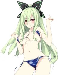 Rule 34 | 10s, 1girl, blush, breasts, green hair, hakozaki chika, large breasts, neptune (series), red eyes, shy, solo, swimsuit, tears, third-party edit, wardrobe malfunction