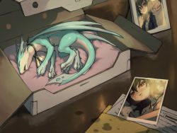 Rule 34 | 1boy, 1girl, box, dragon, drooling, envelope, closed eyes, jewelry, lying, necklace, on table, original, photo (object), red eyes, shimizu tsubasa, table, tears, transformation, wings