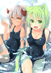Rule 34 | 2girls, ahoge, animal ears, bandages, bare shoulders, blush, breasts, cat ears, cat tail, dodome-iro mayonnaise, fang, green eyes, green hair, grey hair, horns, long hair, looking at viewer, multiple girls, one-piece swimsuit, open mouth, original, partially submerged, pointy ears, school swimsuit, sharon (dodomayo), short hair, sitting, small breasts, smile, swimsuit, tail, water, wet, yellow eyes