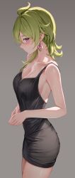 Rule 34 | 1girl, absurdres, ahoge, alternate costume, armpit crease, armpits, black dress, blush, breasts, cleavage, closed mouth, collarbone, collei (genshin impact), cowboy shot, dress, earrings, from side, genshin impact, green hair, grey background, highres, jewelry, looking at viewer, lunacle, medium breasts, medium hair, presenting armpit, purple eyes, simple background, sleeveless, sleeveless dress, solo, standing