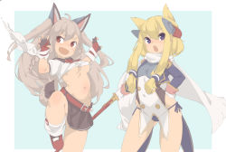 Rule 34 | &gt;:o, 2girls, :d, :o, ahoge, animal ears, arched back, azur lane, blonde hair, blush, braid, breasts, contrapposto, covered erect nipples, covered navel, cowboy shot, crop top, dog ears, dog tail, fang, fingerless gloves, gloves, gluteal fold, grey hair, hair between eyes, hand on own hip, headgear, holding, holding sword, holding weapon, kneehighs, long hair, looking at viewer, medium breasts, midriff, multicolored nails, multiple girls, nail polish, navel, open mouth, panties, pleated skirt, purple eyes, puta (user eftv4243), red eyes, revealing clothes, scarf, school uniform, serafuku, short hair, short hair with long locks, side-tie panties, sidelocks, skirt, smile, socks, standing, sword, tail, underboob, underwear, v-shaped eyebrows, very long hair, warspite (azur lane), weapon, white gloves, white scarf, yuudachi (azur lane)