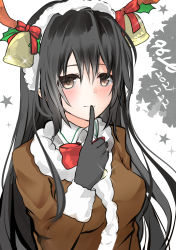 Rule 34 | 1girl, 9610 (kuroto), animal costume, antlers, bell, black gloves, black hair, blush, brown eyes, chikuma (kancolle), closed mouth, dated, finger to mouth, gloves, hair between eyes, highres, horns, index finger raised, kantai collection, light smile, long hair, long sleeves, reindeer antlers, reindeer costume, signature, solo, sparkle, upper body