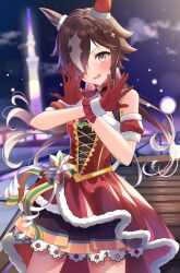 Rule 34 | 1girl, absurdres, animal ears, bare shoulders, blurry, blurry background, brown eyes, brown hair, christmas, cloud, cloudy sky, cosplay, daiwa scarlet (scarlet nuit etoile) (umamusume), daiwa scarlet (umamusume), dress, gloves, hair over one eye, highres, horse ears, horse girl, horse tail, komachi (gao 13), long hair, looking at viewer, night, night sky, open mouth, outdoors, ponytail, red dress, red gloves, sky, snowing, solo, tail, umamusume, very long hair, vodka (umamusume)
