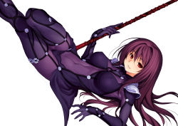 Rule 34 | 1girl, armor, bodysuit, breasts, covered navel, fate/grand order, fate (series), gae bolg (fate), gloves, hair between eyes, hair intakes, holding, holding weapon, kazuma muramasa, large breasts, long hair, looking at viewer, lying, pauldrons, purple bodysuit, purple hair, red eyes, scathach (fate), shoulder armor, simple background, smile, solo, thighhighs, weapon, white background