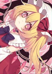 Rule 34 | 1girl, :&lt;, @ @, alternate costume, black bow, black choker, blonde hair, blush, bow, choker, closed mouth, commentary request, crystal, detached sleeves, dress, eyelashes, flandre scarlet, frilled shirt collar, frills, hat, heart, highres, kyouda suzuka, mob cap, one side up, red dress, red eyes, solo, striped, striped bow, touhou, white hat, white sleeves, wings